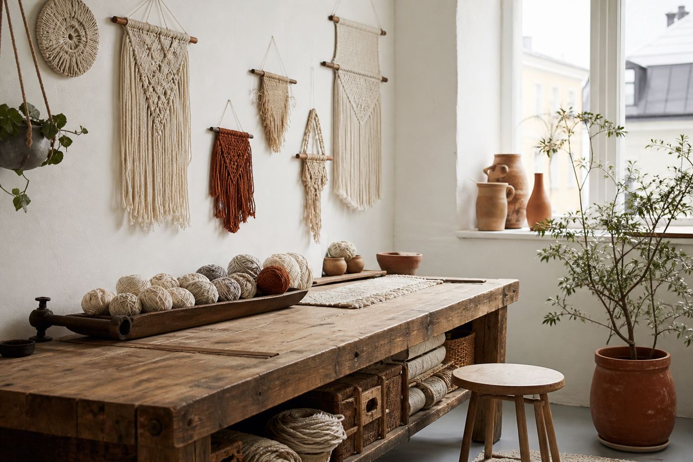 Turku-style craft atelier corner with wooden bench, cotton skeins, and hanging macramé pieces
