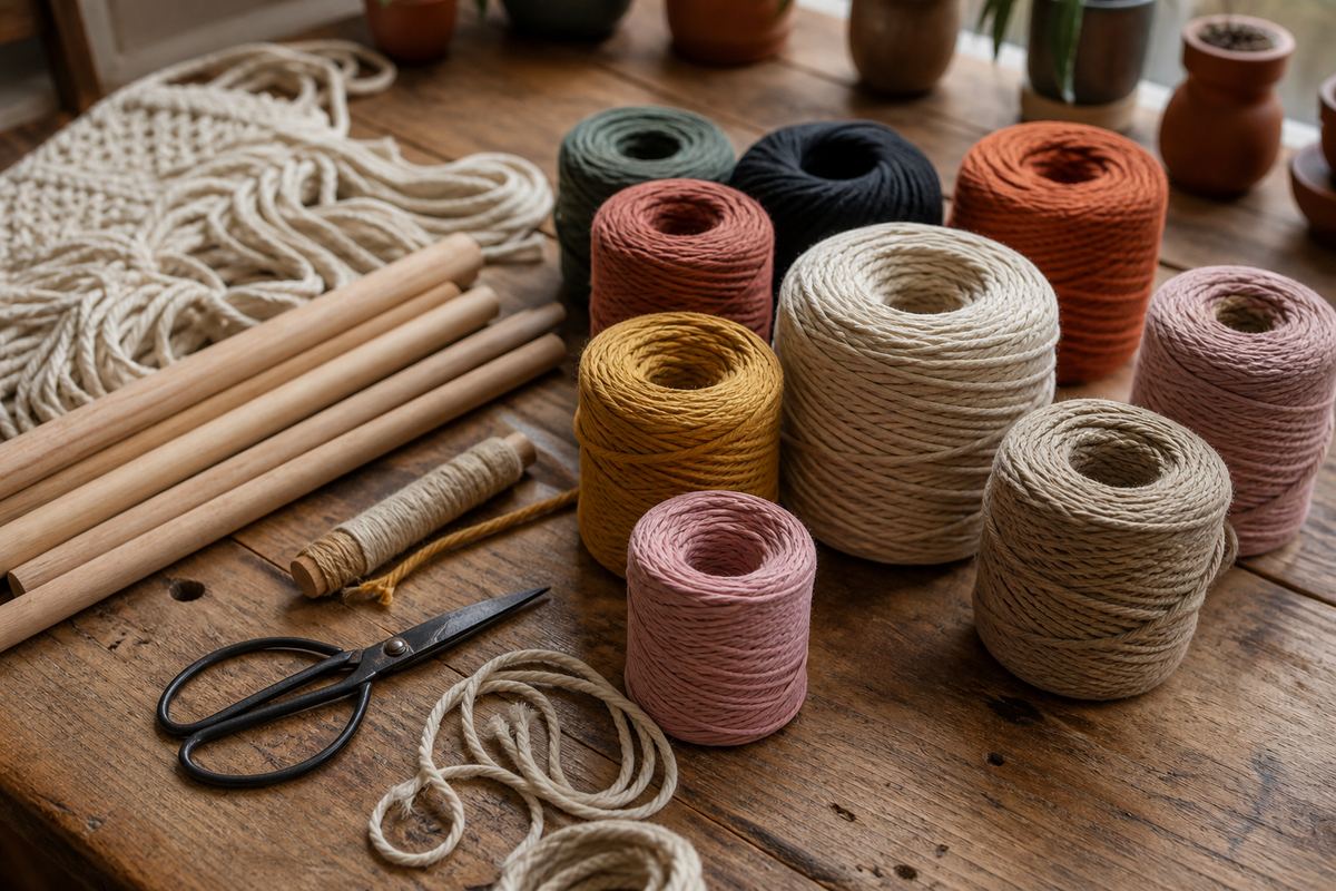 Cotton skeins, colored twine, and scissors on a wooden workshop table