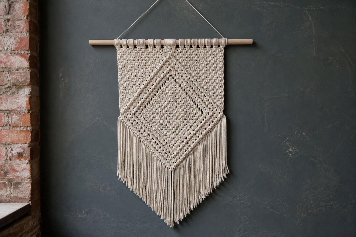 Finished geometric macramé panel with even fringe on a wooden dowel