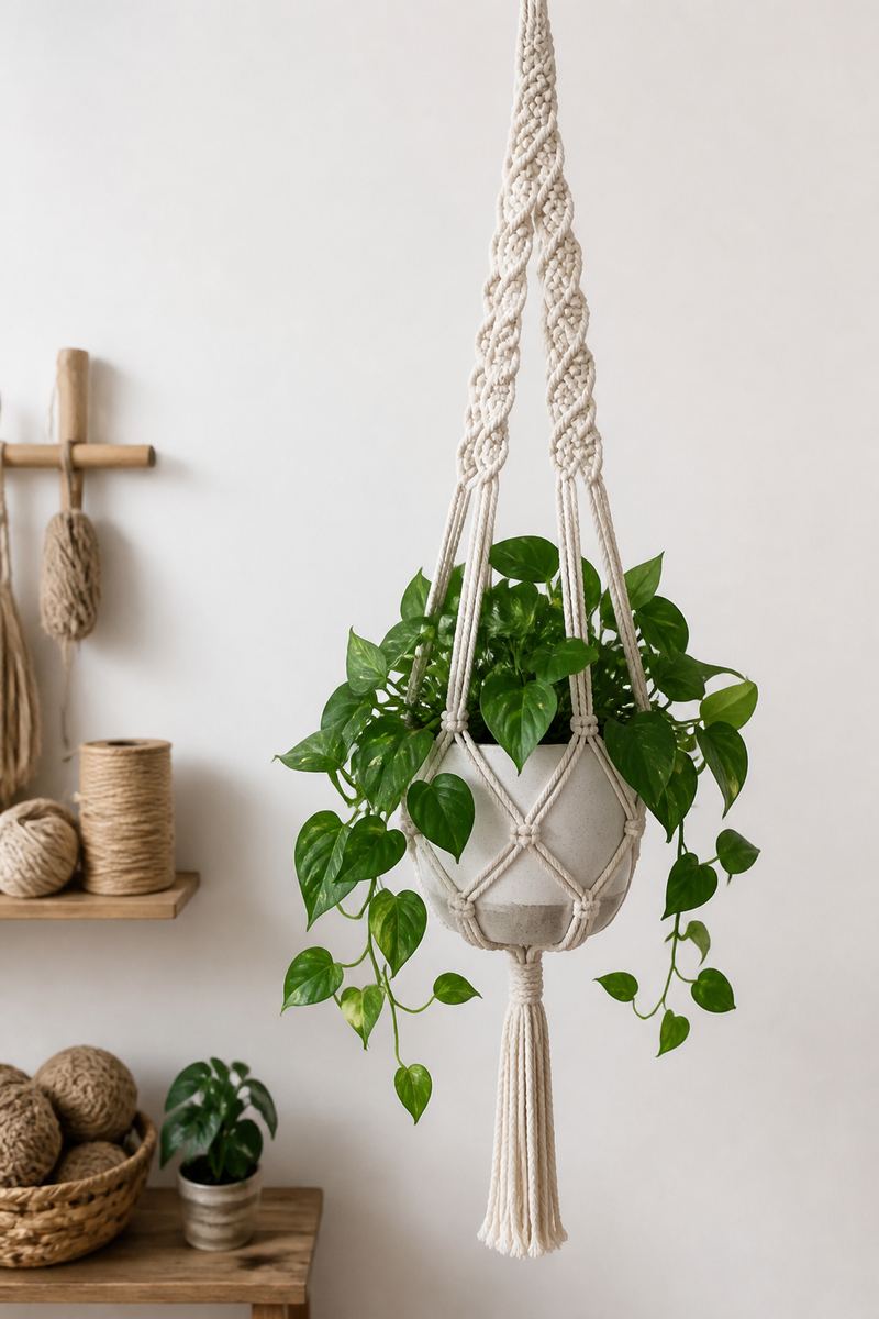 Macramé plant hanger with trailing green leaves against a light wall